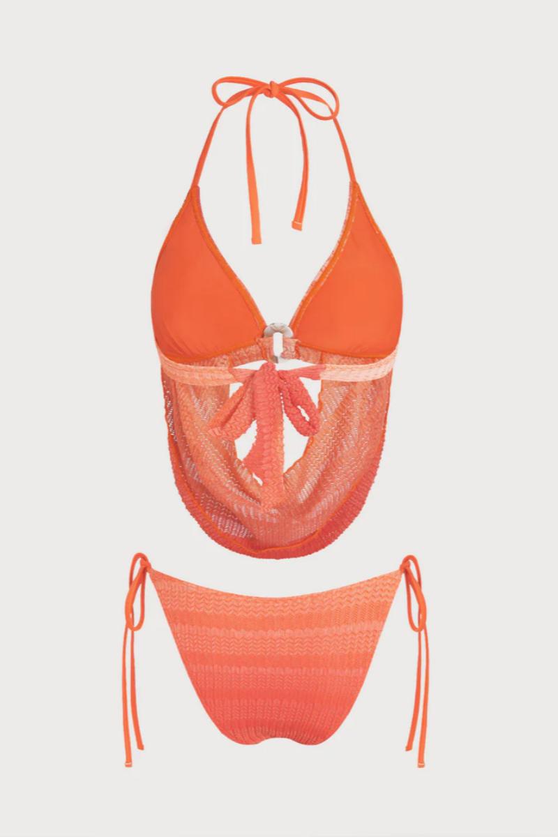 2026  Orange Gradient Textured Stripe O-Ring Cutout Halter Tie Bikini Two-Piece Set