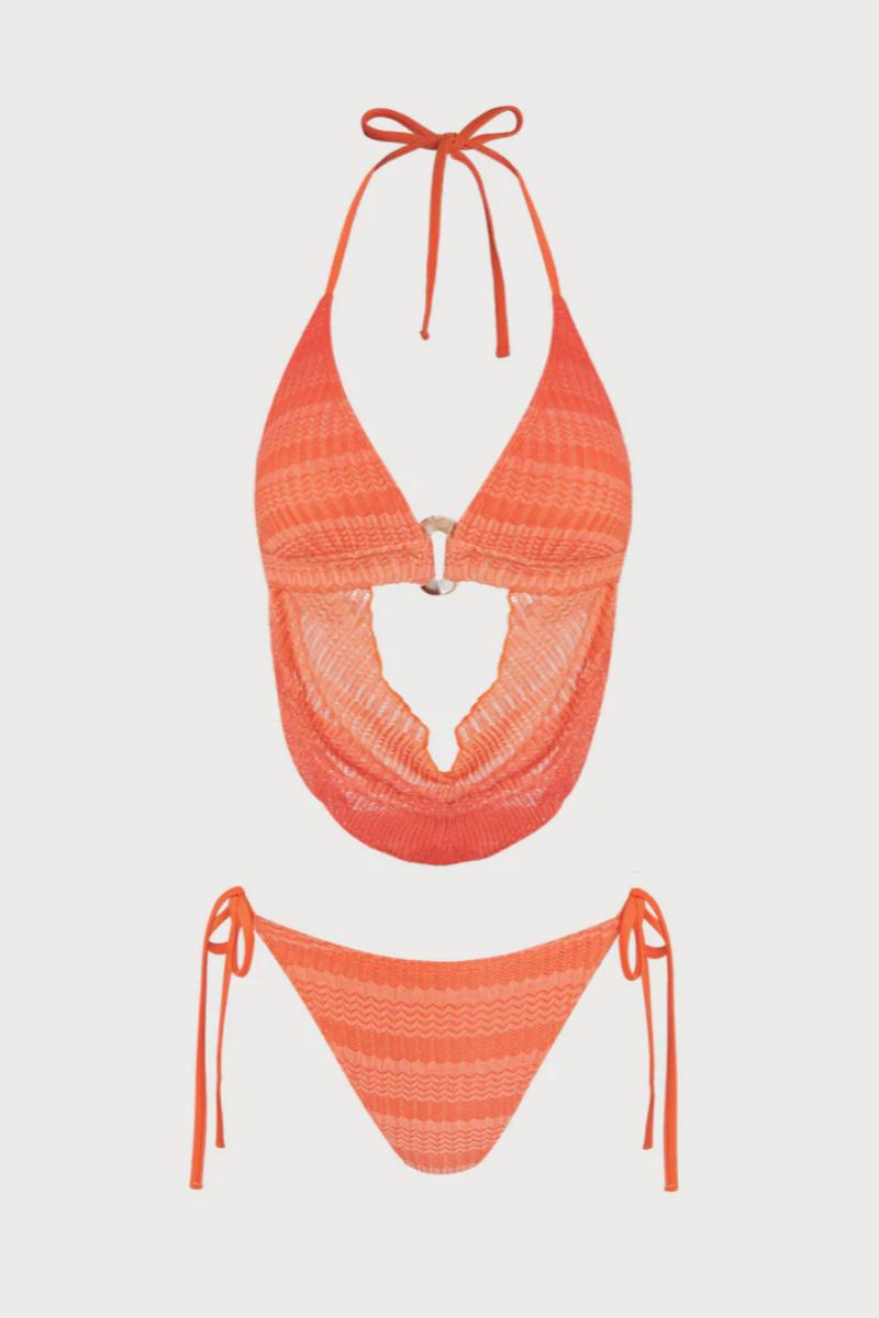 2026  Orange Gradient Textured Stripe O-Ring Cutout Halter Tie Bikini Two-Piece Set