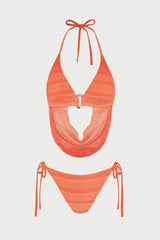 2026  Orange Gradient Textured Stripe O-Ring Cutout Halter Tie Bikini Two-Piece Set