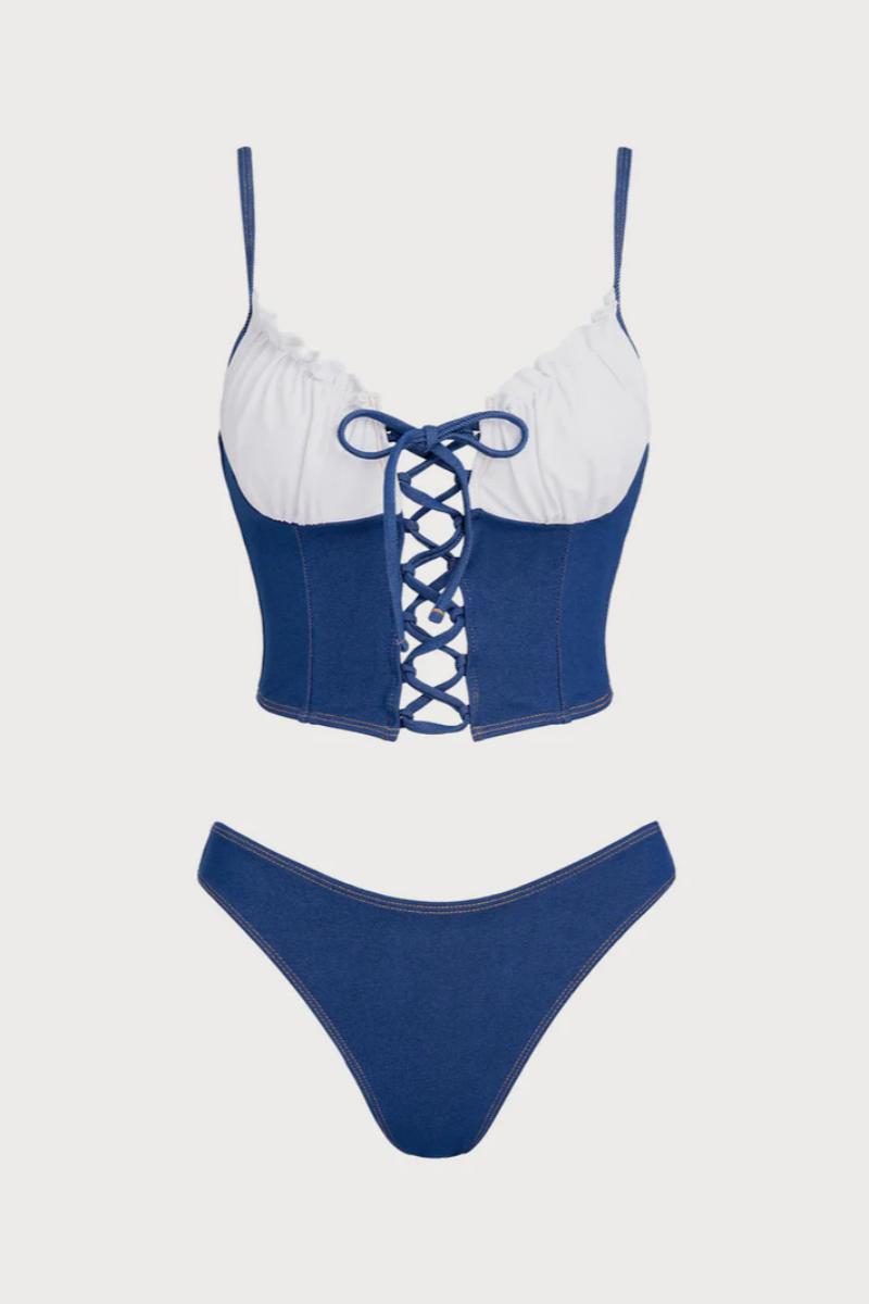 2026  Blue White Contrast Vintage Lace-Up Denim Tankini Set