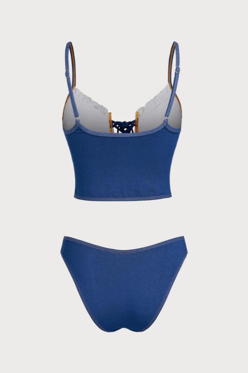 2026  Blue White Contrast Vintage Lace-Up Denim Tankini Set