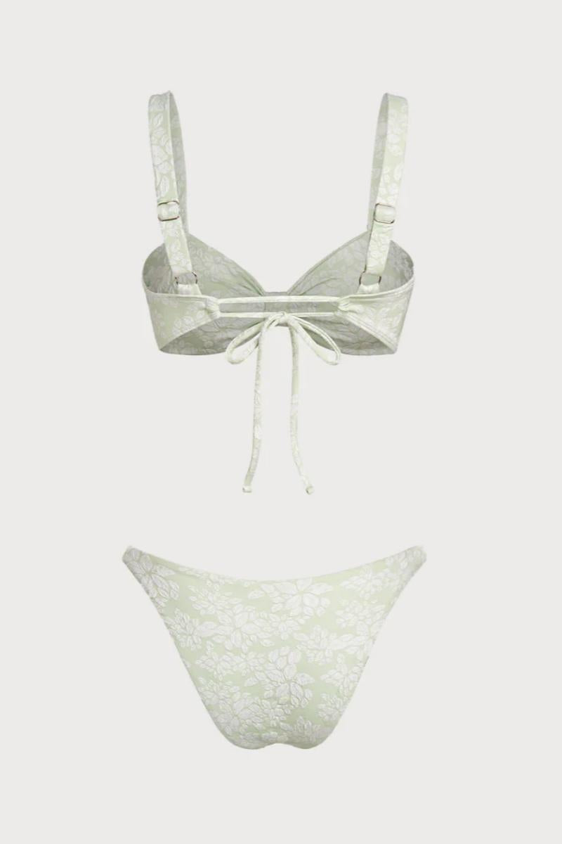 2026  Light Green Floral Jacquard Square Neck Front Twist Shell Detail Bikini Two-Piece Set