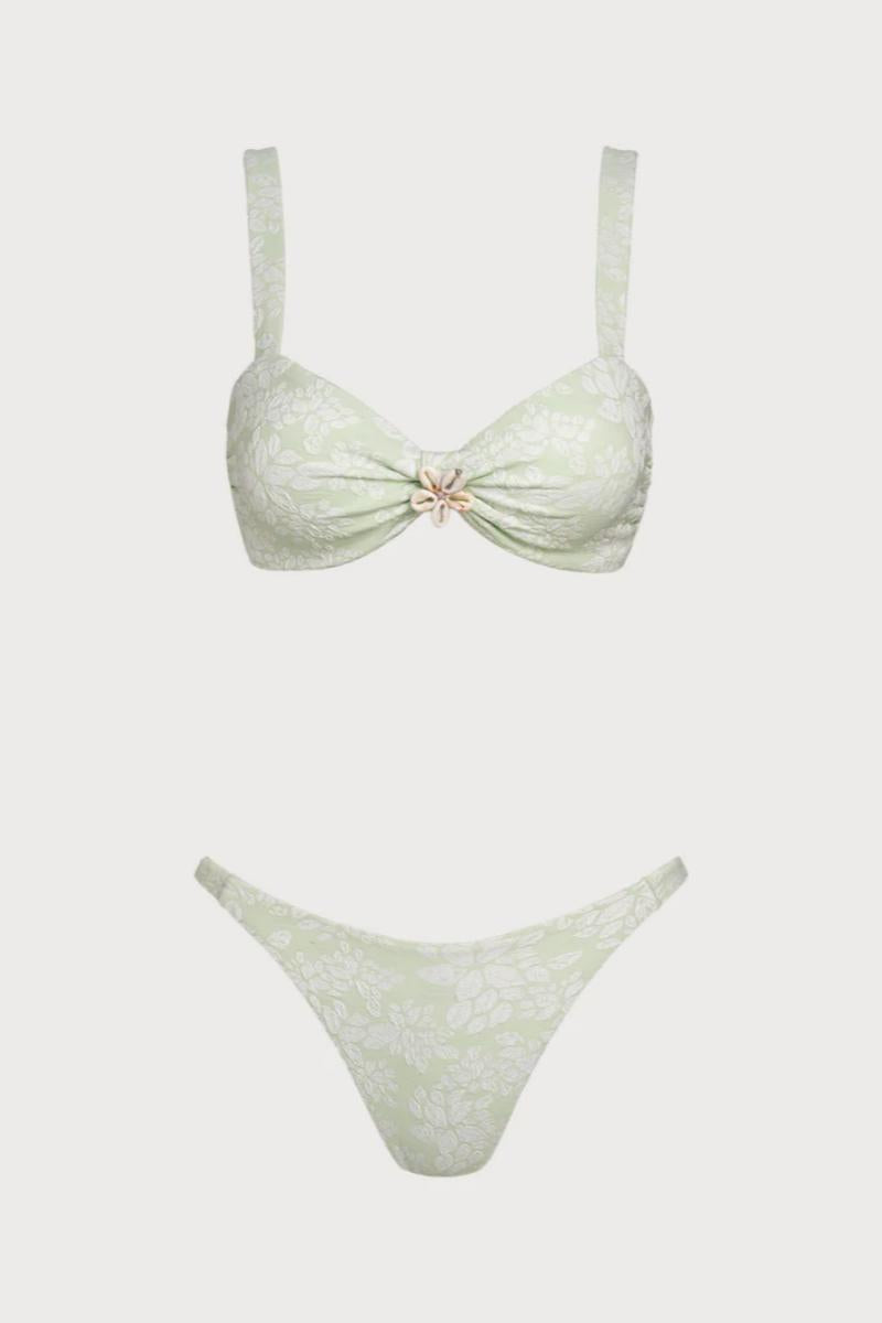 2026  Light Green Floral Jacquard Square Neck Front Twist Shell Detail Bikini Two-Piece Set