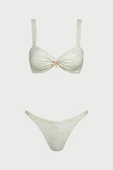 2026  Light Green Floral Jacquard Square Neck Front Twist Shell Detail Bikini Two-Piece Set