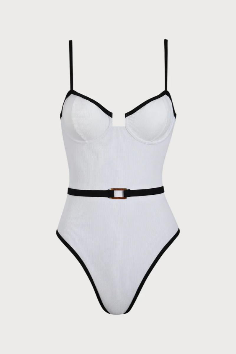2026  White Ribbed Black Contrast Belted One-Piece Swimsuit