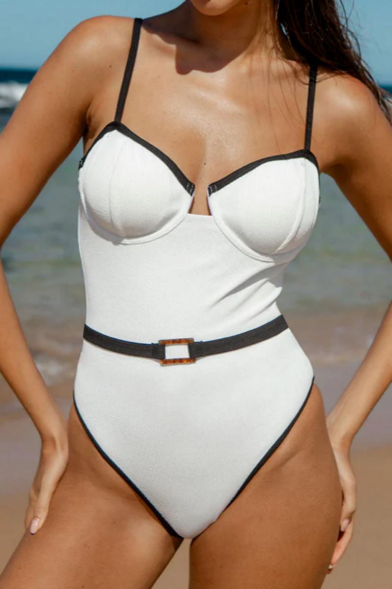 2026  White Ribbed Black Contrast Belted One-Piece Swimsuit