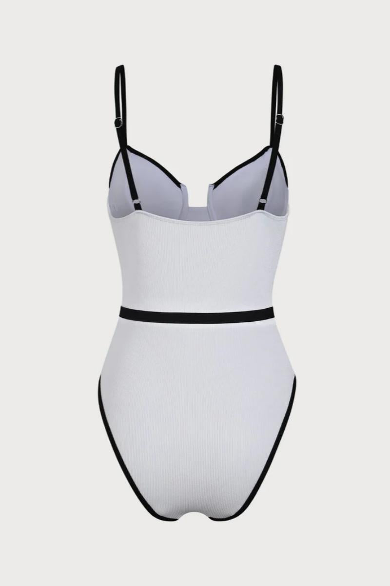 2026  White Ribbed Black Contrast Belted One-Piece Swimsuit