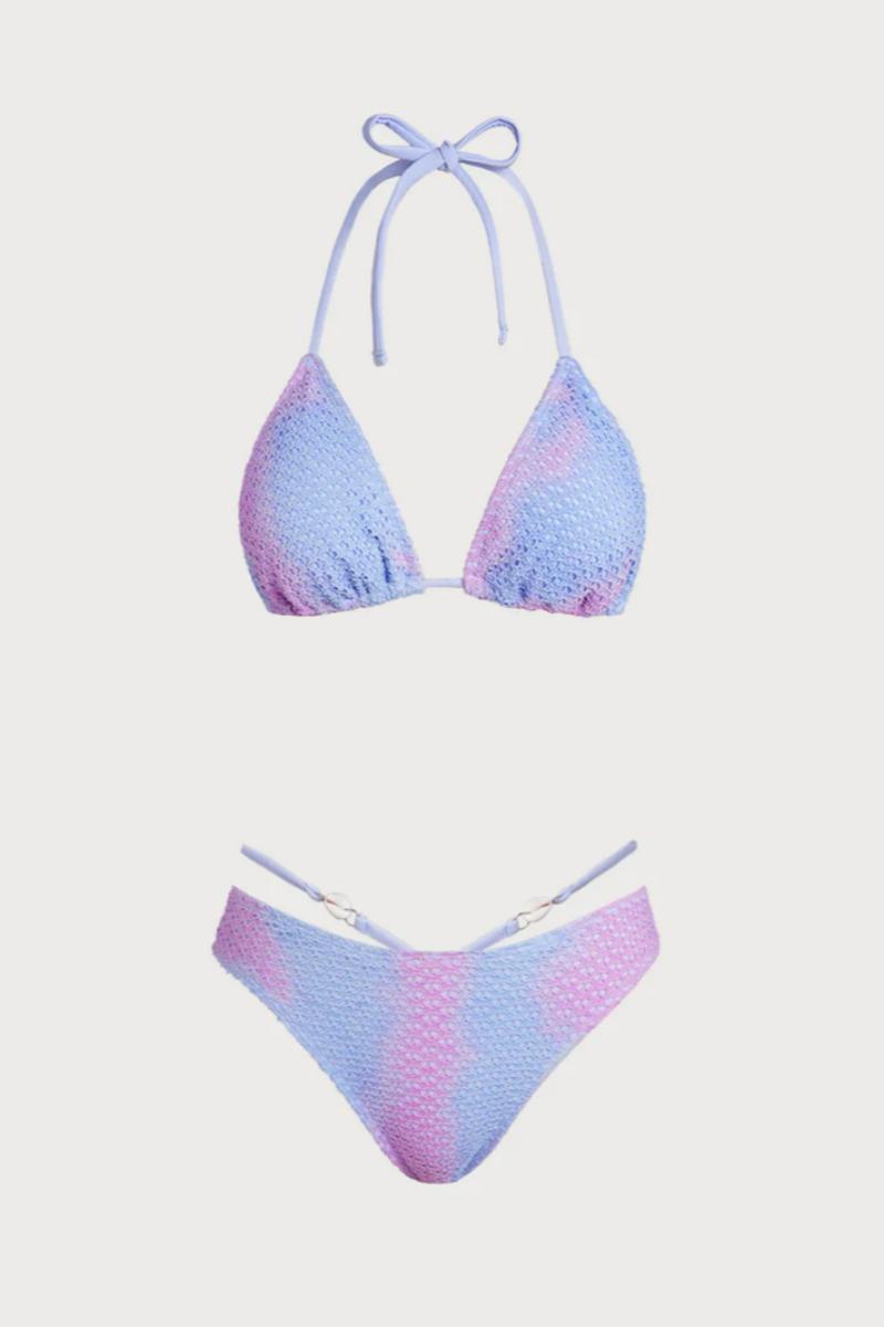 2026 Blue Pink Cloud Tie-Dye Hollow Mesh Halter Three-Piece Bikini Set