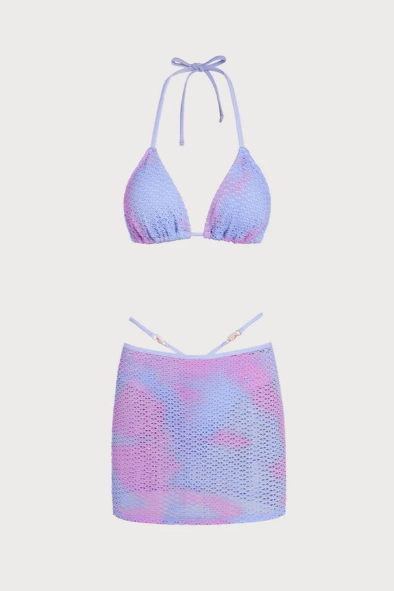 2026 Blue Pink Cloud Tie-Dye Hollow Mesh Halter Three-Piece Bikini Set
