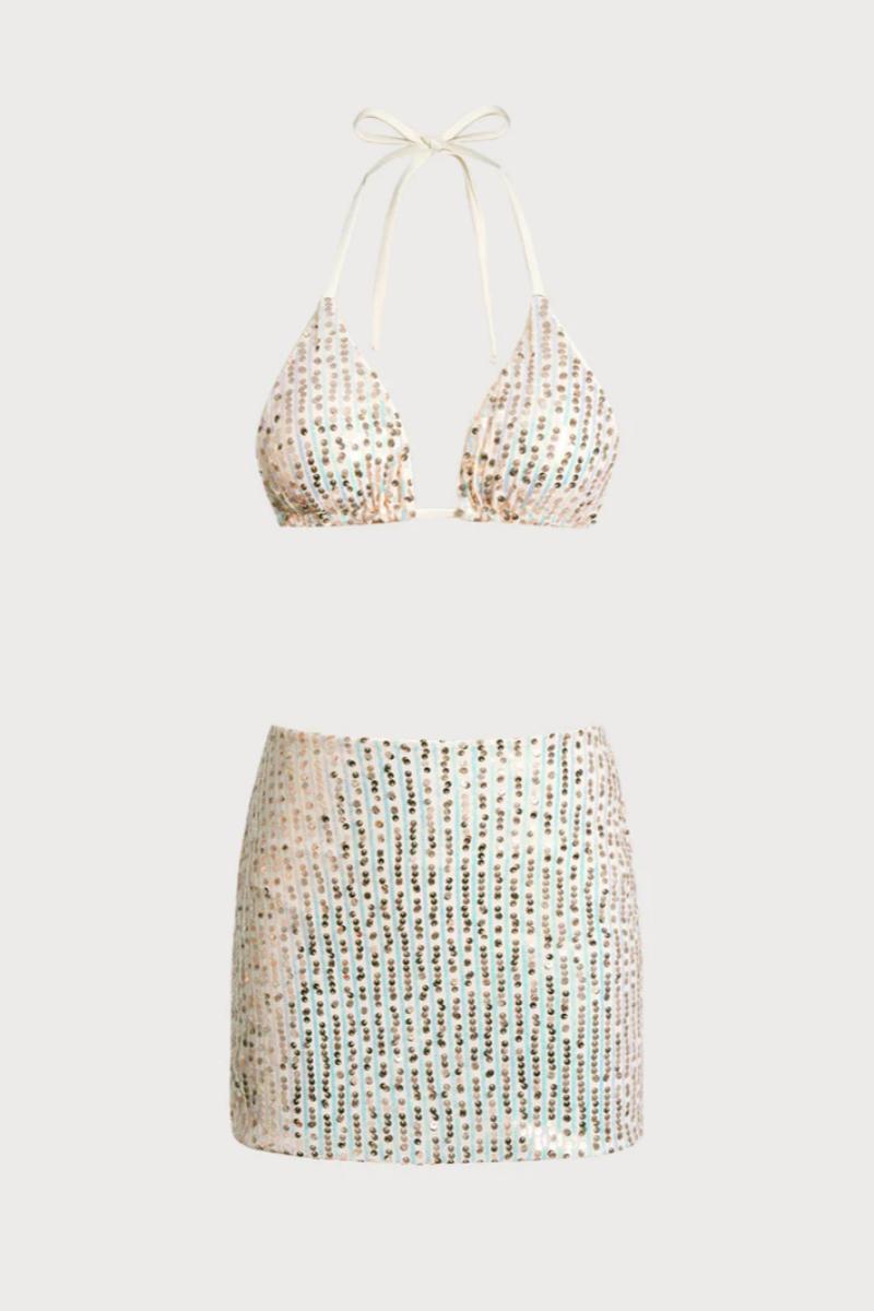 2026  Off White Sparkly Three-Piece Bikini Set